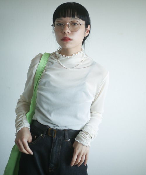 spoon store(スプーンストア)の「シアーハイネックインナー(シャツ/ブラウス・レディース・オレンジ/グリーン/チェック/ブラック/アイボリー/モカ・フリー)」の2枚目の写真