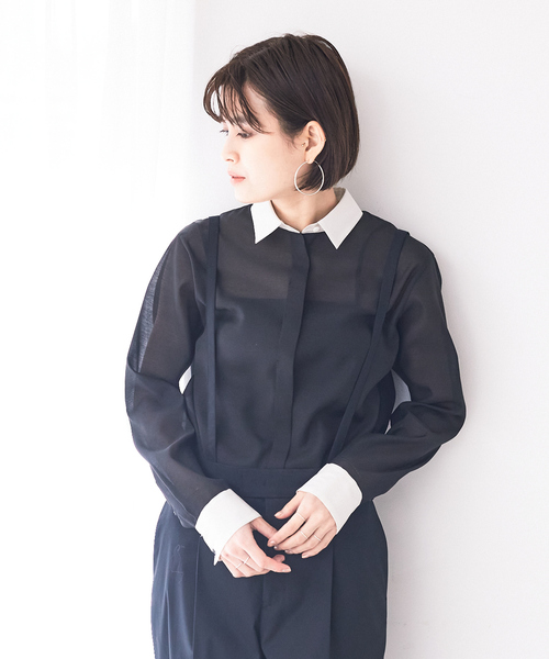 Rouge vif（ルージュヴィフ）の「【bellerobeシリーズ】シアーバイアカラーシャツ（シャツ/ブラウス・レディース・ブラック/オフホワイト・フリー）」の2枚目の写真