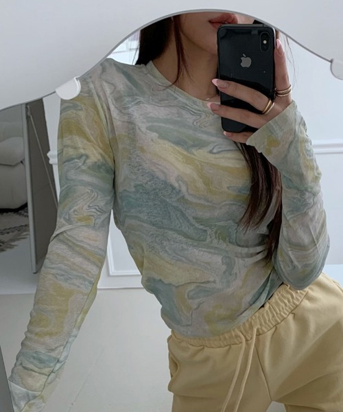 me+em select(ミームセレクト)の「マーブルニュアンスシアートップス 【韓国製】(Tシャツ/カットソー・レディース・ピンク/ベージュ/ミント・FREE)」の5枚目の写真