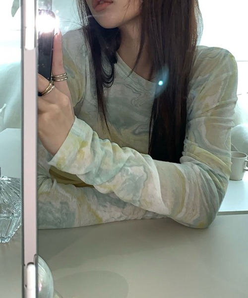 me+em select(ミームセレクト)の「マーブルニュアンスシアートップス 【韓国製】(Tシャツ/カットソー・レディース・ピンク/ベージュ/ミント・FREE)」の7枚目の写真