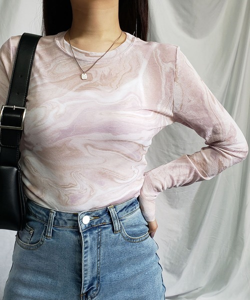 me+em select(ミームセレクト)の「マーブルニュアンスシアートップス 【韓国製】(Tシャツ/カットソー・レディース・ピンク/ベージュ/ミント・FREE)」の22枚目の写真