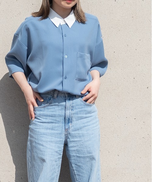 JOHN'S CLOSET（ジョンズクローゼット）の「【a】ナチュラルストレッチポリエステルクレリック半袖ビッグシャツ/ルーズシルエットシャツ（シャツ/ブラウス・メンズ・ホワイト/ブラック/ベージュ/ブルー/グリーン・MEDIUM/LARGE/X-LARGE）」の5枚目の写真