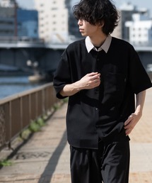 【a】ナチュラルストレッチポリエステルクレリック半袖ビッグシャツ/ルーズシルエットシャツ