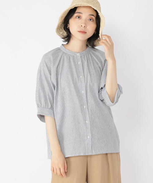 studio CLIP（スタディオクリップ）の「シングルガーゼバンドカラースリーブシャツ（シャツ/ブラウス・レディース・ライトグレー/ブラック/ライトベージュ/ブルー/グリーン/スモーク/ネイビー・MEDIUM/LARGE）」の5枚目の写真