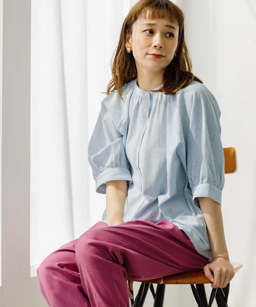 studio CLIP（スタディオクリップ）の「シングルガーゼバンドカラースリーブシャツ（シャツ/ブラウス・レディース・ライトグレー/ブラック/ライトベージュ/ブルー/グリーン/スモーク/ネイビー・MEDIUM/LARGE）」の6枚目の写真