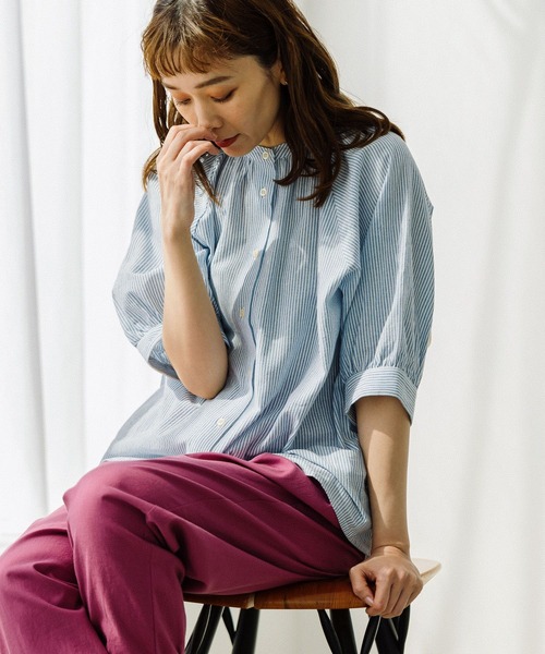 studio CLIP（スタディオクリップ）の「シングルガーゼバンドカラースリーブシャツ（シャツ/ブラウス・レディース・ライトグレー/ブラック/ライトベージュ/ブルー/グリーン/スモーク/ネイビー・MEDIUM/LARGE）」の22枚目の写真