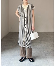 She's Closet（シーズクローゼット）の「麻タッチ前後2wayノースリーブ配色マルチストライプニットロングジレベスト（ベスト）」
