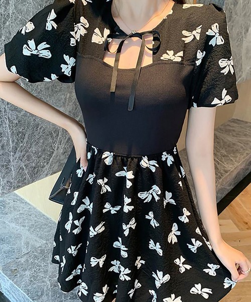 リボン柄パフスリーブフレアミニワンピース ワンピース Ulysses ユリシス のファッション通販 Zozotown