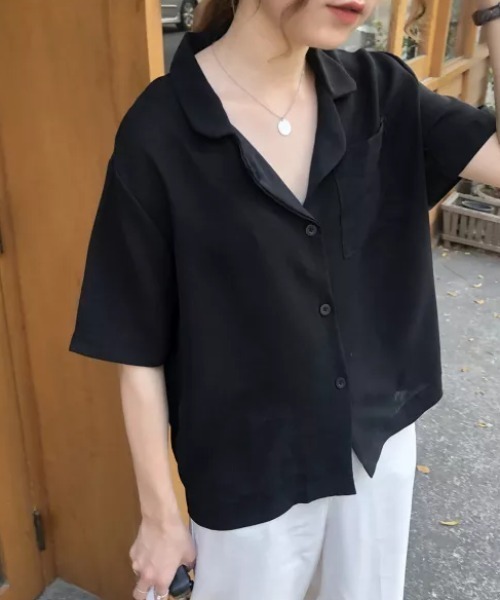 H.Warren（エイチウォーレン）の「オーバーサイズオープンカラー5部袖シャツ　開襟シャツ（シャツ/ブラウス・レディース・アイボリー/イエロー/ブルー/グリーン/ブラック・FREE）」の2枚目の写真