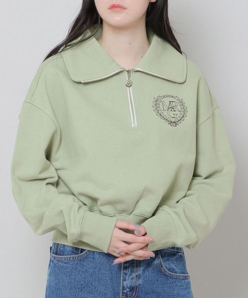 MAGPIEROBIN(マグパイロビン)の「MAGPIE ROBIN/アーチハイネックハーフジッププルオーバー(ウラケ) 2174578(スウェット・レディース・ネイビー/セージグリーン/アイボリー・FREE)」の1枚目の写真