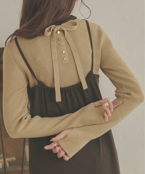 Ambre Neige(アンブルネージュ)の「【前後2WAY】指穴開きリボンリブニット/WEB/EC限定商品(ニット/セーター・レディース・アイボリー/ベージュ/ライトグリーン/ダークブラウン・FREE)」の3枚目の写真