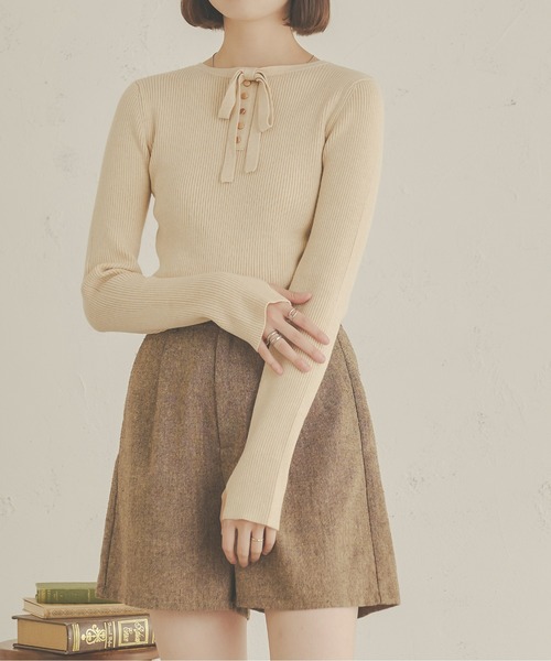 Ambre Neige(アンブルネージュ)の「【前後2WAY】指穴開きリボンリブニット/WEB/EC限定商品(ニット/セーター・レディース・アイボリー/ベージュ/ライトグリーン/ダークブラウン・FREE)」の5枚目の写真