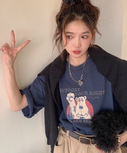 LAC-VERT(ラック・ヴェール)の「【累計販売枚数2万枚突破】ベアプリントTシャツ(Tシャツ/カットソー・レディース・ネイビー/ホワイト/ブラウン/カーキ/イエロー・FREE)」の12枚目の写真