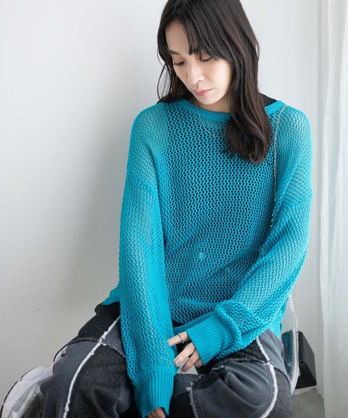 WEGO(ウィゴー)の「WEGO/メッシュニットプルオーバー(ニット/セーター・レディース・ホワイト/ブラック/ブルー/オレンジ/ターコイズブルー・FREE)」の1枚目の写真