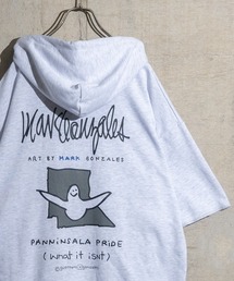 【h】〔(What it isNT)art by MARKGONZALES〕ミニ裏毛バックプリント ハーフジップ S/S パーカー