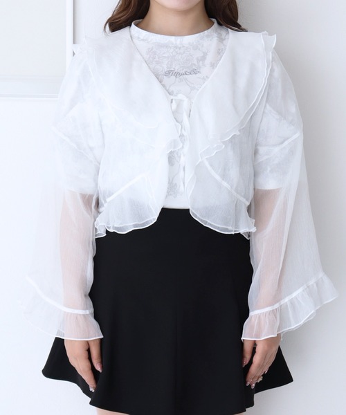 titty&Co. PETIT by poyo(ティティーアンドコープティバイポヨ)の「【titty&Co.PETIT by poyo】シフォンシアーフリルスリーブカーディガン(カーディガン/ボレロ・レディース・ホワイト・FREE)」の6枚目の写真