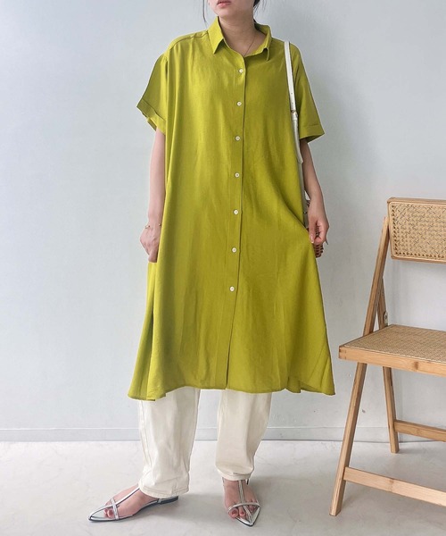 AS KNOW AS plus（アズノゥアズプラス）の「○異素材MIX半袖シャツワンピース（ワンピース・レディース・ホワイト系/ホワイト系1/ブラック系/ネイビー系/ブルー系/ブラック系1/ライトグリーン系1/オレンジ系1/ブラック系2/ベージュ系1/ネイビー系2/ネイビー/イエロー/ベージュ系その他/ブルー系その他/ブルー系1/ホワイト系2/グリーン系/チャコールグレー/イエロー系・FREE）」の19枚目の写真