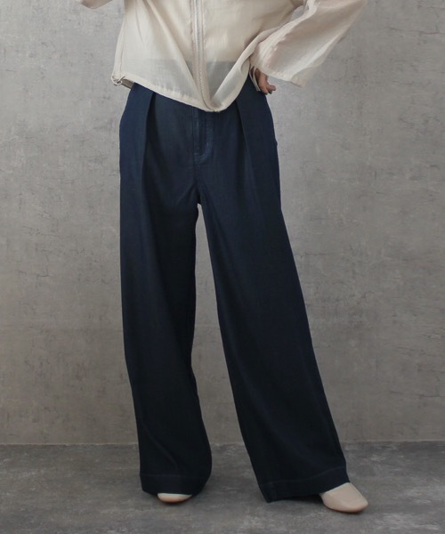 SELECT LEVERY(セレクトリベリー)の「接触冷感 吸水速乾 テンセル混デニムワイドパンツ(デニムパンツ・レディース・ブルー/ネイビー/ワンウォッシュ/ブルー系その他・SMALL/LARGE/X-LARGE/MEDIUM)」の1枚目の写真