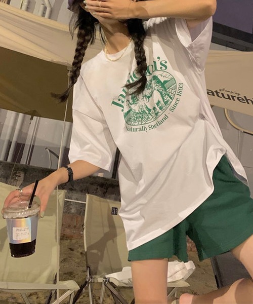 VitaFelice(ヴィータフェリーチェ)の「ルーズスタイル ロゴTシャツ(Tシャツ/カットソー・レディース・ホワイト/グリーン・FREE)」の14枚目の写真