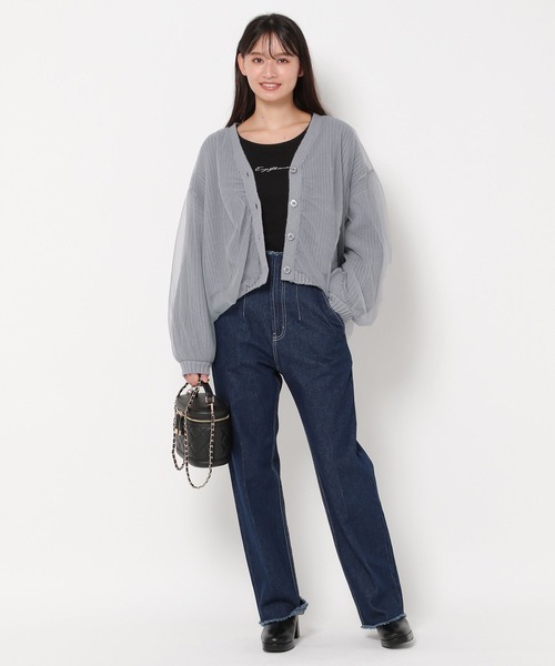 mysty woman(ミスティウーマン)の「チュールレイヤードカーディガン 978491(カーディガン/ボレロ・レディース・モカ/グレー/アイボリー・FREE)」の5枚目の写真