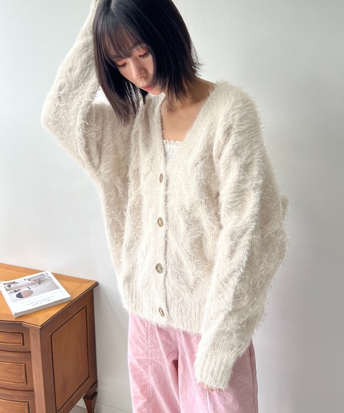 セール】☆フェザーケーブル編みVネックカーディガン（カーディガン