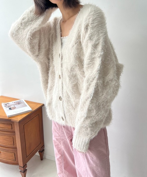 セール】☆フェザーケーブル編みVネックカーディガン（カーディガン