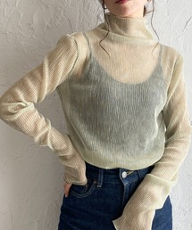 楊柳プリーツハイネック長袖グリッターラメシアートップス