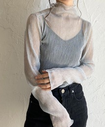 楊柳プリーツハイネック長袖グリッターラメシアートップス