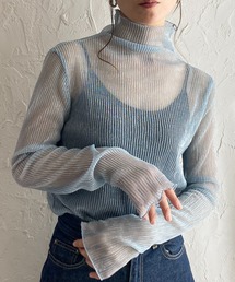 楊柳プリーツハイネック長袖グリッターラメシアートップス