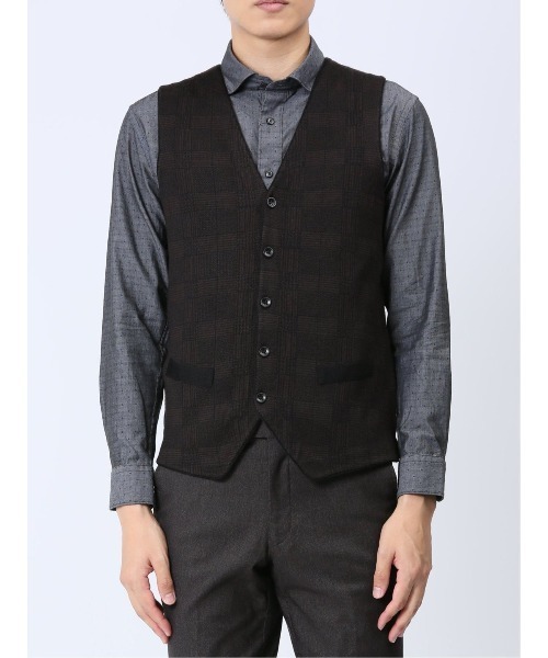 Alexander Julian（アレキサンダージュリアン）の「アレキサンダージュリアン ウォッシャブル ウール混グレンチェック ニットジレ（ベスト・メンズ・グレー系その他2/ブラウン/ネイビー・MEDIUM/X-LARGE/LARGE）」の7枚目の写真