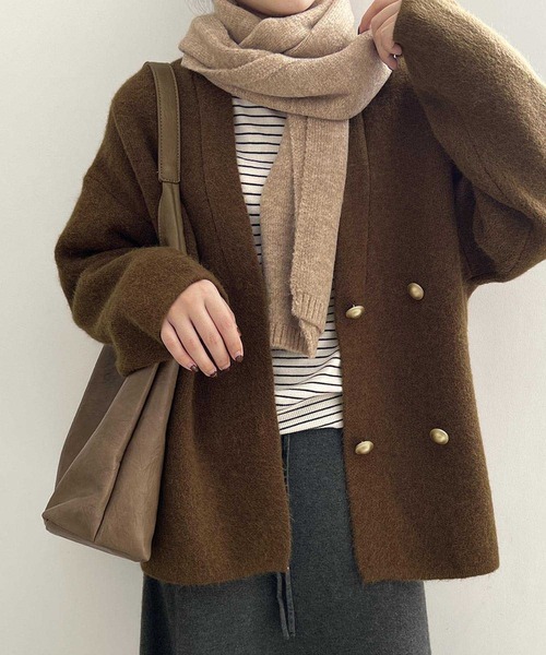 OSYAREVO（オシャレボ）の「ダブルボタン ニット カーディガン（カーディガン/ボレロ・レディース・ブラック/カーキ・FREE）」の9枚目の写真