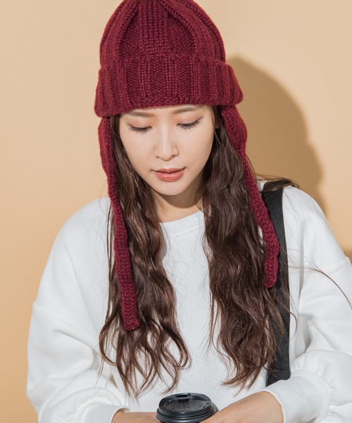 VICKY（ビッキー）の「【KOREAN ITEM】耳当てリブニット帽（ニットキャップ/ビーニー・レディース・ブラック/オフホワイト/レッド・M）」の19枚目の写真