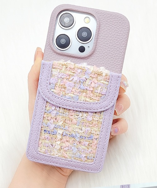 カラーツイードポケット付きレザー調iPhoneケース（スマホケース