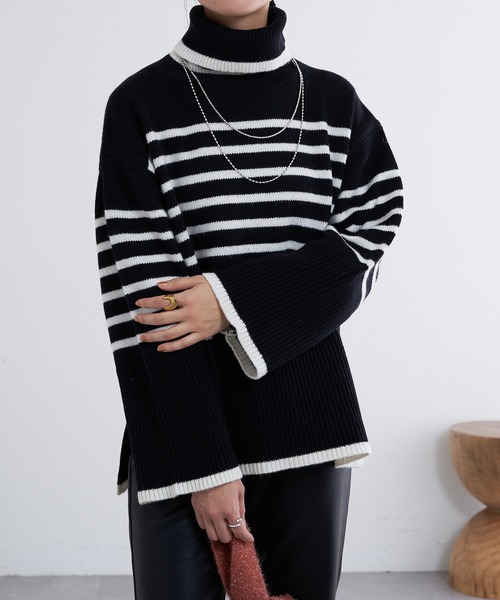 SHENERY（シーナリー）の「タートルネックボーダーニット（ニット/セーター・レディース・ブラック/オフホワイト・FREE）」の6枚目の写真