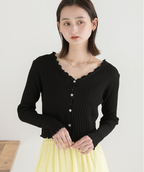 ad thie(アドティエ)の「フリルメロー コンパクトリブカーディガン(カーディガン/ボレロ・レディース・ライトグリーン/ピンク/モカ/ラベンダー/イエロー/ブラック・FREE)」の8枚目の写真