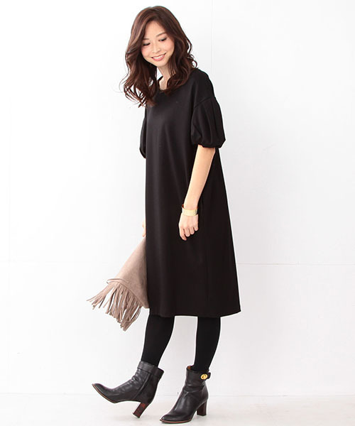 Demi-Luxe BEAMS(デミルクス ビームス)の「Demi-Luxe BEAMS / バルーンスリーブ ポンチワンピース(ワンピース・レディース・ブラック/グリーン系その他・ONE SIZE)」の2枚目の写真