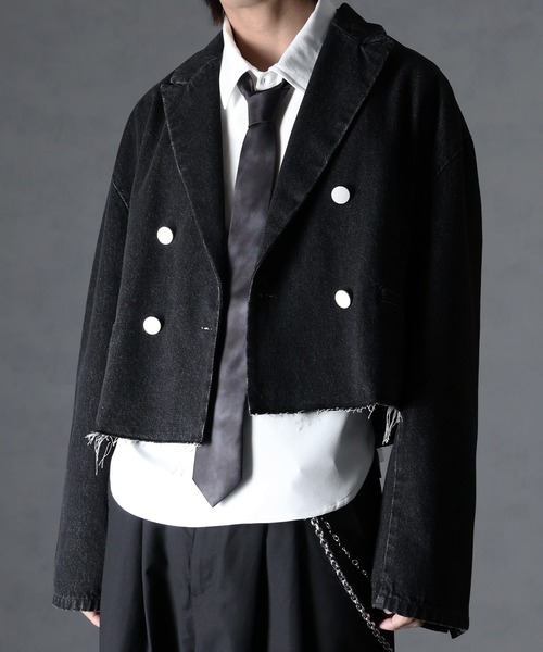 welise（ウェライズ）の「【welise/ウェライズ】グレイスフルTR/Denim ヘムダメージ ショート丈テーラードジャケット（テーラードジャケット・メンズ・ブラック/ダークベージュ/チャコールグレー/ダークグレー/ブルー/グレイッシュベージュ/ブラック×ゴールド/チャコール/ダークブラック・L/M/S）」の2枚目の写真