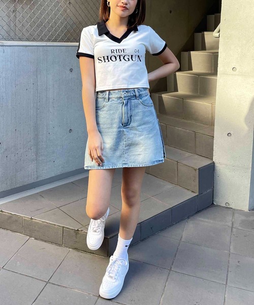 SPIRALGIRL（スパイラルガール）の「ユニフォームちびTシャツ（Tシャツ/カットソー・レディース・ネイビー/ホワイト/ブラック・FREE）」の6枚目の写真