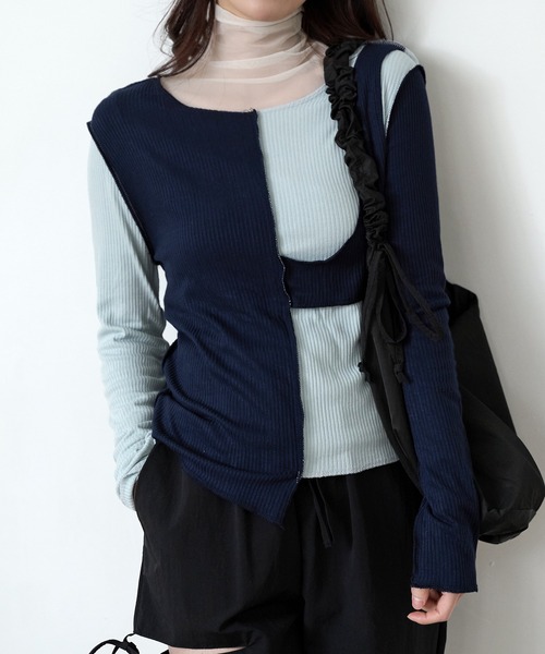 UNE MANSION（ユヌマンション）の「[UNE ORIGINAL] バイカラー異素材アンバランスTシャツカットソー（Tシャツ/カットソー・レディース・チャコール/スカイブルー系/グレー/ピンク/カーキ/ベージュ/ブラック・FREE）」の7枚目の写真