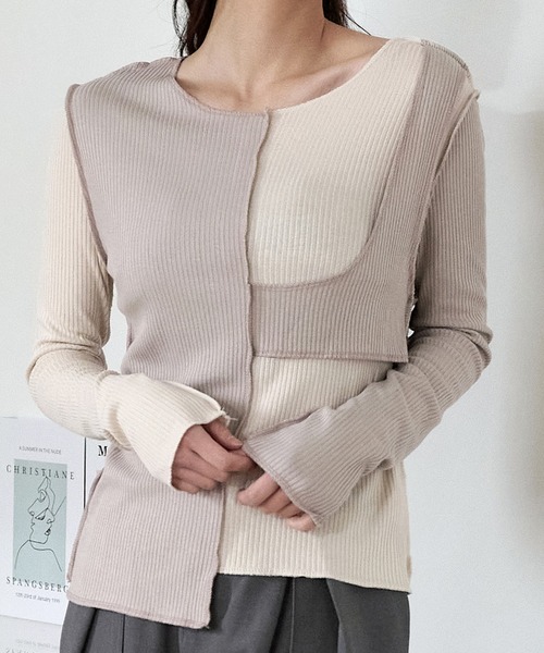 UNE MANSION（ユヌマンション）の「[UNE ORIGINAL] バイカラー異素材アンバランスTシャツカットソー（Tシャツ/カットソー・レディース・チャコール/スカイブルー系/グレー/ピンク/カーキ/ベージュ/ブラック・FREE）」の5枚目の写真