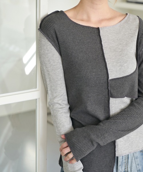 UNE MANSION（ユヌマンション）の「[UNE ORIGINAL] バイカラー異素材アンバランスTシャツカットソー（Tシャツ/カットソー・レディース・チャコール/スカイブルー系/グレー/ピンク/カーキ/ベージュ/ブラック・FREE）」の3枚目の写真