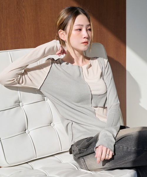 UNE MANSION（ユヌマンション）の「[UNE ORIGINAL] バイカラー異素材アンバランスTシャツカットソー（Tシャツ/カットソー・レディース・チャコール/スカイブルー系/グレー/ピンク/カーキ/ベージュ/ブラック・FREE）」の6枚目の写真