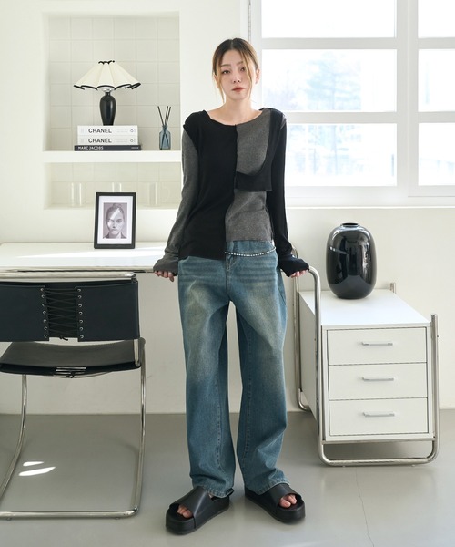 UNE MANSION（ユヌマンション）の「[UNE ORIGINAL] バイカラー異素材アンバランスTシャツカットソー（Tシャツ/カットソー・レディース・チャコール/スカイブルー系/グレー/ピンク/カーキ/ベージュ/ブラック・FREE）」の17枚目の写真