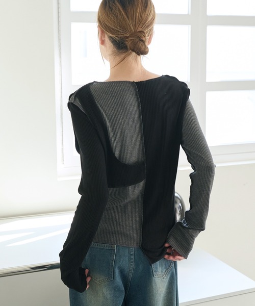 UNE MANSION（ユヌマンション）の「[UNE ORIGINAL] バイカラー異素材アンバランスTシャツカットソー（Tシャツ/カットソー・レディース・チャコール/スカイブルー系/グレー/ピンク/カーキ/ベージュ/ブラック・FREE）」の20枚目の写真