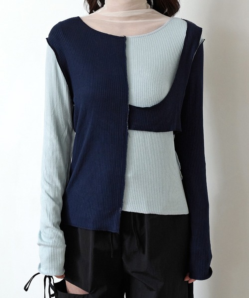 UNE MANSION（ユヌマンション）の「[UNE ORIGINAL] バイカラー異素材アンバランスTシャツカットソー（Tシャツ/カットソー・レディース・チャコール/スカイブルー系/グレー/ピンク/カーキ/ベージュ/ブラック・FREE）」の10枚目の写真