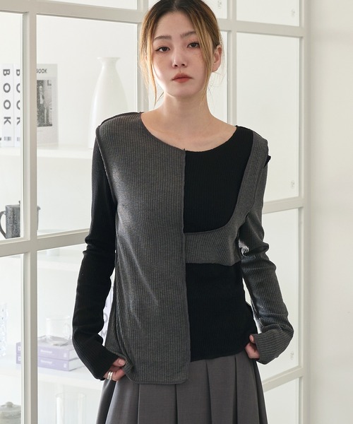 UNE MANSION（ユヌマンション）の「[UNE ORIGINAL] バイカラー異素材アンバランスTシャツカットソー（Tシャツ/カットソー・レディース・チャコール/スカイブルー系/グレー/ピンク/カーキ/ベージュ/ブラック・FREE）」の11枚目の写真