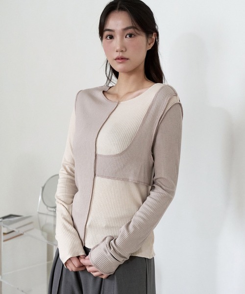 UNE MANSION（ユヌマンション）の「[UNE ORIGINAL] バイカラー異素材アンバランスTシャツカットソー（Tシャツ/カットソー・レディース・チャコール/スカイブルー系/グレー/ピンク/カーキ/ベージュ/ブラック・FREE）」の15枚目の写真