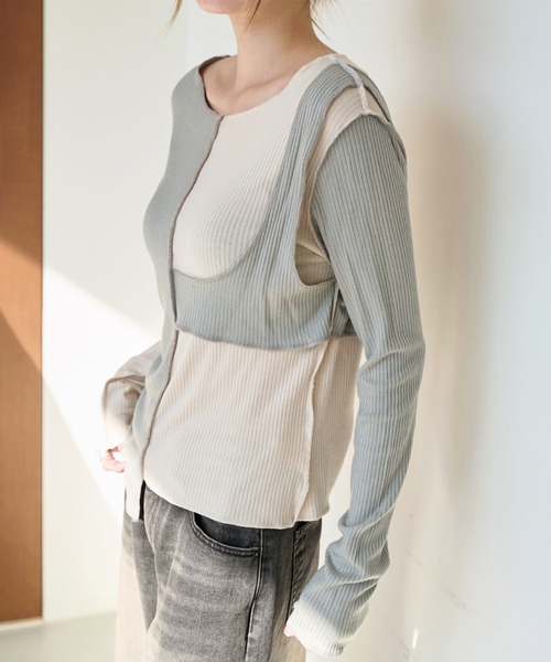 UNE MANSION（ユヌマンション）の「[UNE ORIGINAL] バイカラー異素材アンバランスTシャツカットソー（Tシャツ/カットソー・レディース・チャコール/スカイブルー系/グレー/ピンク/カーキ/ベージュ/ブラック・FREE）」の12枚目の写真