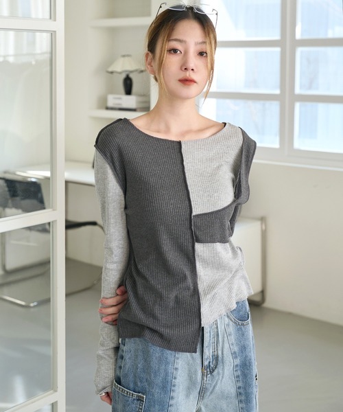 UNE MANSION（ユヌマンション）の「[UNE ORIGINAL] バイカラー異素材アンバランスTシャツカットソー（Tシャツ/カットソー・レディース・チャコール/スカイブルー系/グレー/ピンク/カーキ/ベージュ/ブラック・FREE）」の14枚目の写真