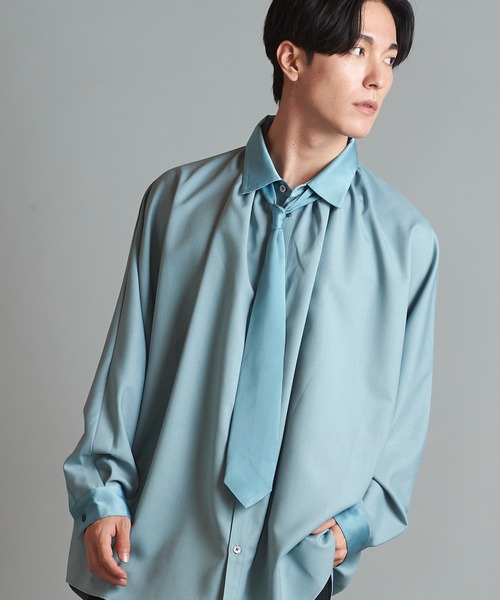 NO ID.（ノーアイディ）の「【NO ID.】Tie Neck Gather Big Shirt / ネクタイ 付 ネック ギャザー ビッグ シャツ（シャツ/ブラウス・メンズ・ホワイト/サックスブルー/グレー/ブラック・ONE SIZE）」の4枚目の写真